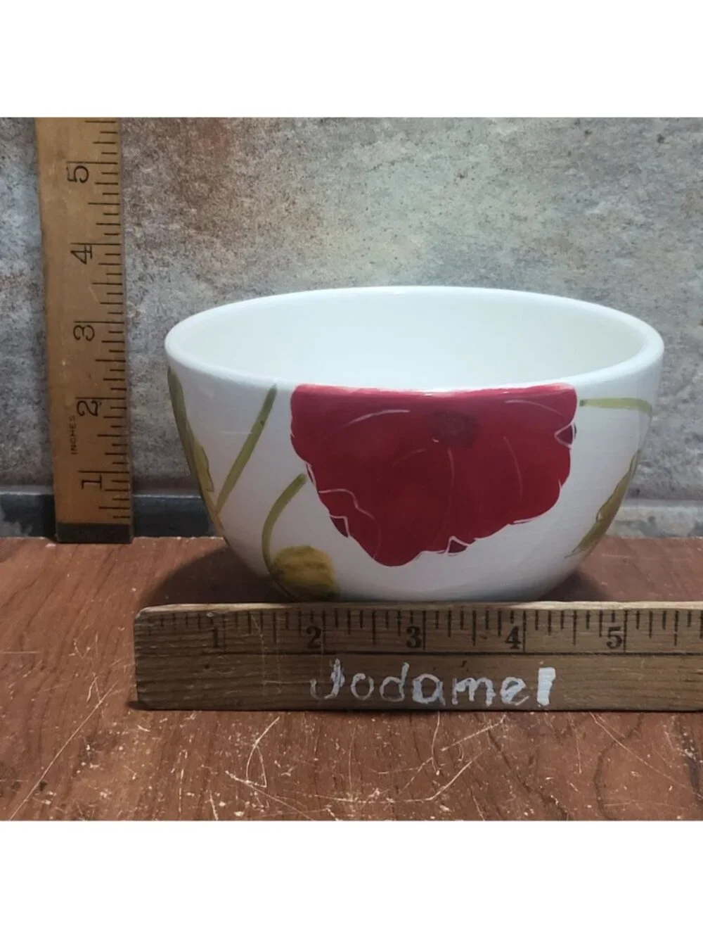 White Ceramic Sur La Table Dish Bowl Red Poppy Design